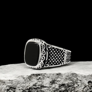 925 Sterling Silber Schwarz Onyx Siegelring für Männer - Vintage Gothic Style Statement Schmuck - Einzigartiges Graviertes Band Geschenk für Ihn, Onyx Schmuck