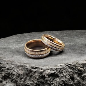 Rose Gold Tungsten Wedding Bands for Couples, Textured Silver Inlay Rings, His and Hers Matching Rings, 6mm & 8mm Tungsten Carbide Bands