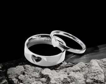 Matching Heart Cutout Silver Rings Set: Promise, Wedding Jewelry