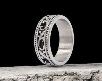 Anillo de bodas vintage floral de plata de ley para hombre: anillo oxidado