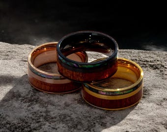 Tungsten Koa Wood Ring: Abalone Shell Inlay, Durable Wedding Band