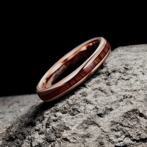 Rose Gold Tungsten Ring with Koa Wood Inlay – Durable, Scratch-Resistant, Hypoallergenic Wedding Band for Men and Women – Elegant & Classic
