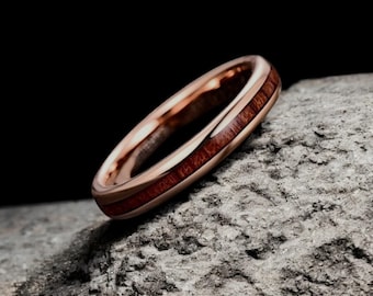 Rose Gold Tungsten Ring: Koa Wood Inlay, Hypoallergenic Wedding Band
