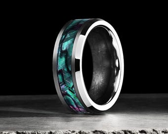 Silver Tungsten Ring: 8mm Abalone Shell Inlay Wedding Band