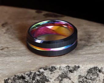 Rainbow Tungsten Ring: Black Brushed Finish, Multi-Color Inlay