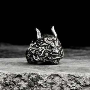 Silver Hannya Mask Ring, Japanese Oni Demon Ring for Men, Gothic Punk Jewelry, Mythology Gift, Japanese Oni Mask Jewelry, Unique Men&#39;s Ring