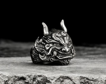 Silver Hannya Mask Ring, Japanese Oni Demon, Gothic Punk Jewelry