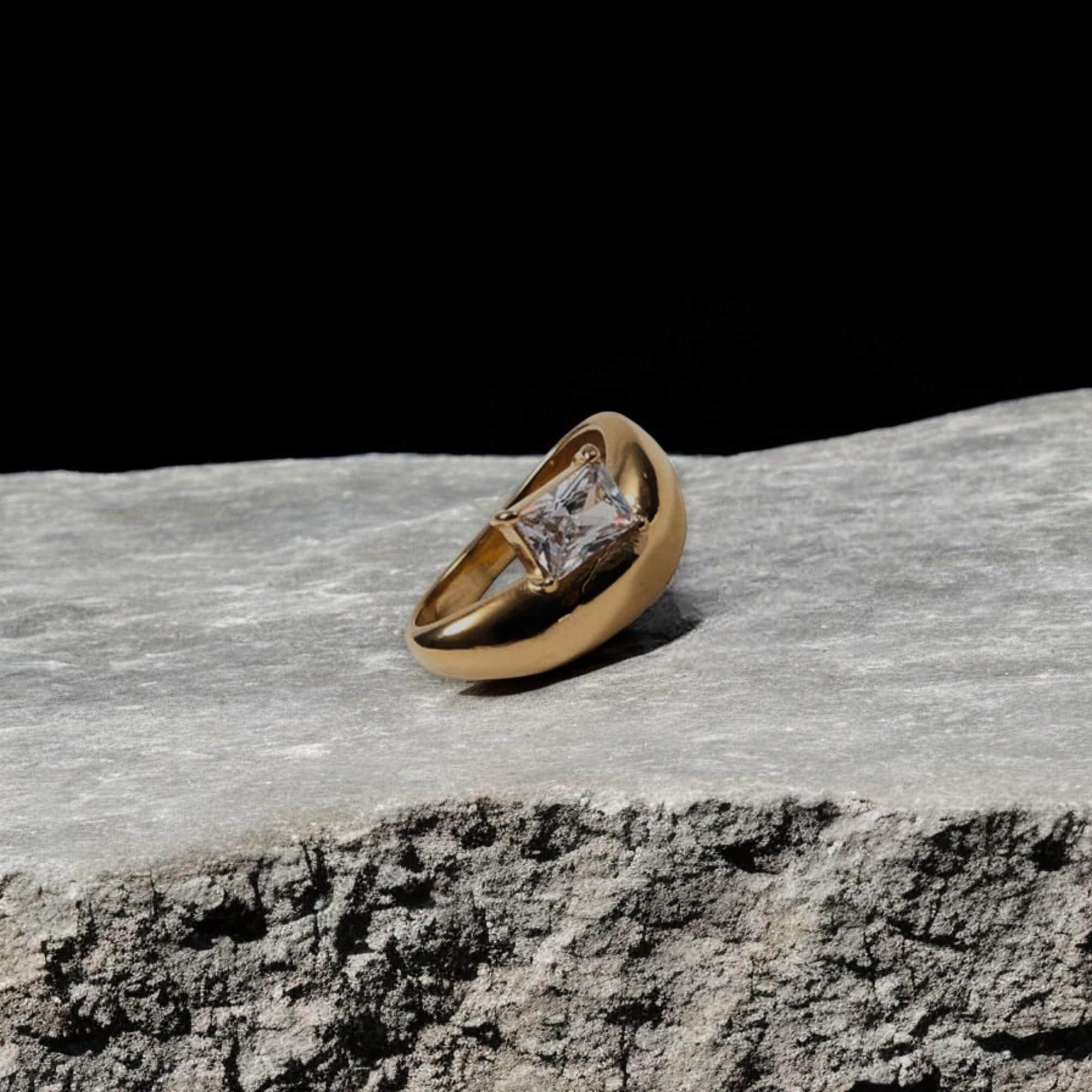 Chunky Gold Statement Ring: Princess-Cut CZ Stone, Minimalist Cocktail Ring
