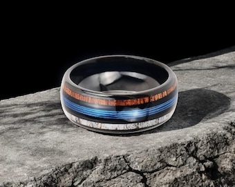 Tungsten Whiskey Barrel Ring: Blue Fishing Line Inlay, Men's Wedding Band