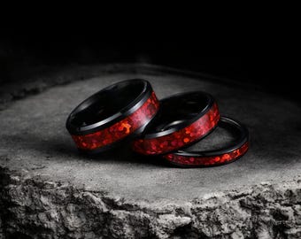 Men's Black Tungsten Ring: Red Glitter Inlay Wedding Band