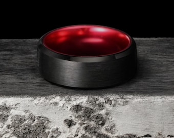Black Tungsten Carbide Ring: Beveled Edge, Red Interior, 8mm Wedding Band