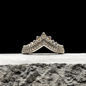 Vintage-Inspired Crown Tiara Ring | Sterling Silver Chevron Band | Unique Dainty Stacking Ring | Elegant Wedding or Promise Jewelry Gift