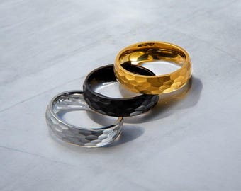 Hammered Tungsten Dome Ring: Gold, Black, Silver Minimalist Band