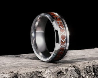 Norse Rune Tungsten Ring – Koa Wood Inlay Viking Band