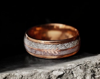 Meteorite Tungsten Ring: Rose Gold Arrow Inlay, Rustic Wedding Band