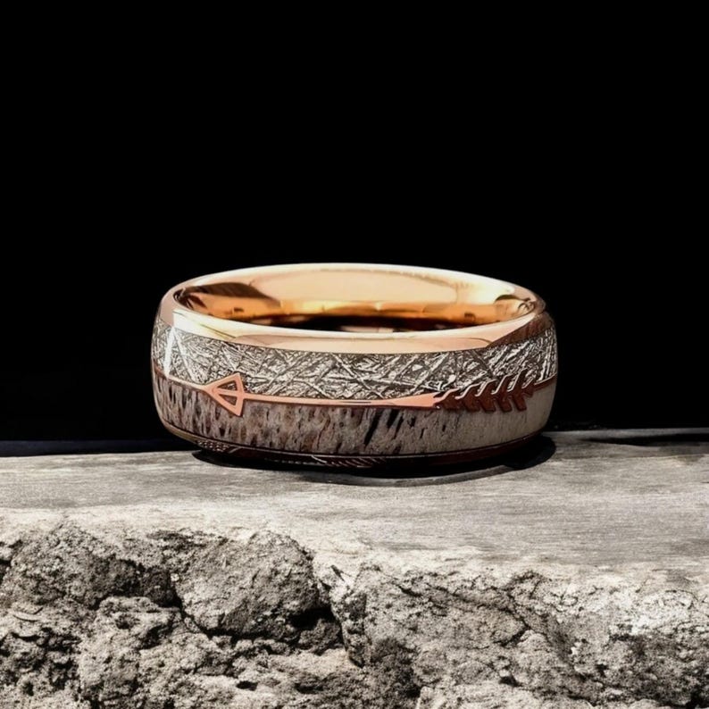 Meteorite Tungsten Ring: Rose Gold Arrow Inlay, Rustic Wedding Band - Etsy