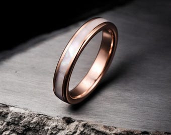 Mother of Pearl Rose Gold Tungsten Ring: 4mm Stackable Wedding Band