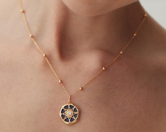 Lapis Lazuli Pendant Necklace｜18K Gold Celestial Medallion in Sterling Silver｜Sapphire Pendant Necklace｜Gemstone Necklace｜Celestial Jewelry
