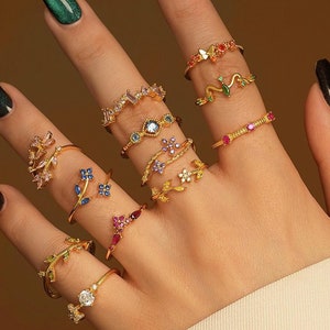 Personalized Gold Flower Ring in Stackable Sterling Silver with Birthstone