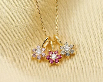 Floral Birthstone Pendant Necklace: 14K Gold Flower Charm, CZ Gemstone