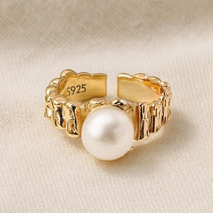 18K Gold Plated Sterling Silver Pearl Ring: Adjustable Vintage Wedding Jewelry
