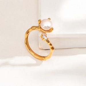 Anel de Pérola de Água Doce – Anel Aberto Ajustável de Prata 925 com Diamante de Zircônia ｜ Anel de Madrinha de Ouro Vermeil 18K ｜ Joia de Casamento Minimalista