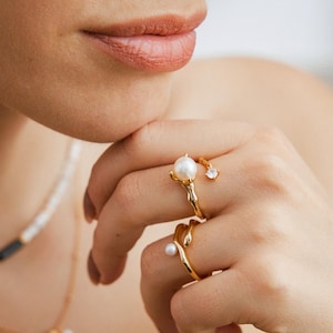 925 Sterling Silver Pearl Ring: Adjustable Gold Wedding Jewelry