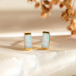 Minimalist Birthstone Stud Earrings: 14K Gold Plated CZ & Opal