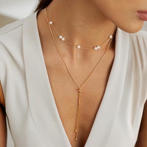 18K Gold Vermeil Adjustable Bolo Necklace｜Long Chain Necklace｜Lariat Necklace｜Tie Necklace Women｜Minimalist Stacking Necklace For Everyday