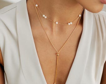 18K Gold Vermeil Adjustable Bolo Necklace｜Long Chain Necklace｜Lariat Necklace｜Tie Necklace Women｜Minimalist Stacking Necklace For Everyday