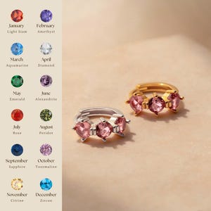 3 Birthstones Hoop Earrings in Sterling Silver｜Dainty Huggie Earrings with Gemstone・CZ Diamond Hoop Huggies・Minimalist Earrings・Gift For Her