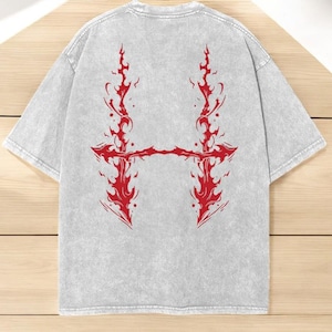 T-shirt lavata ispirata ad anime JJK - Red Flames Signature, maglietta larga da streetwear oversize, maglietta manga vintage