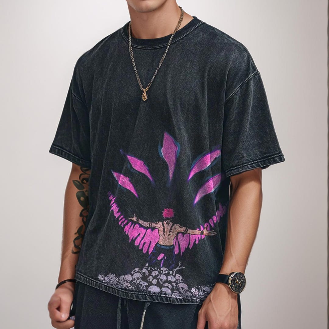 Washed Graphic T-shirt - Anime Oversized Streetwear Tee, Casual Unisex ...