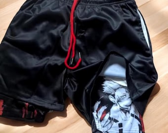 Anime Black Shorts - JJK Gym Aesthetic Shorts, Unisex Graphic Print - Black Red Athletic Shorts