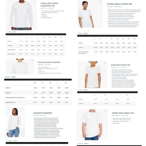 May include: A size chart for various t-shirts and sweatshirts, including long sleeve tees, heavy cotton tees, crewneck sweatshirts, and toddler short sleeve tees. Measurements are in inches, with width and length details for each size.