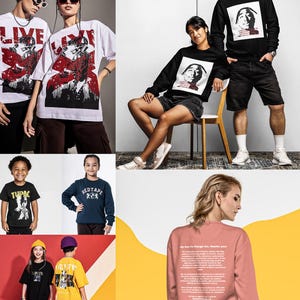 May include: Collection of graphic t-shirts and sweatshirts. The shirts feature various designs, including portraits and text. Colors include white, black, navy, and yellow. Some shirts have the text "LIVE" and "REDTAPE".