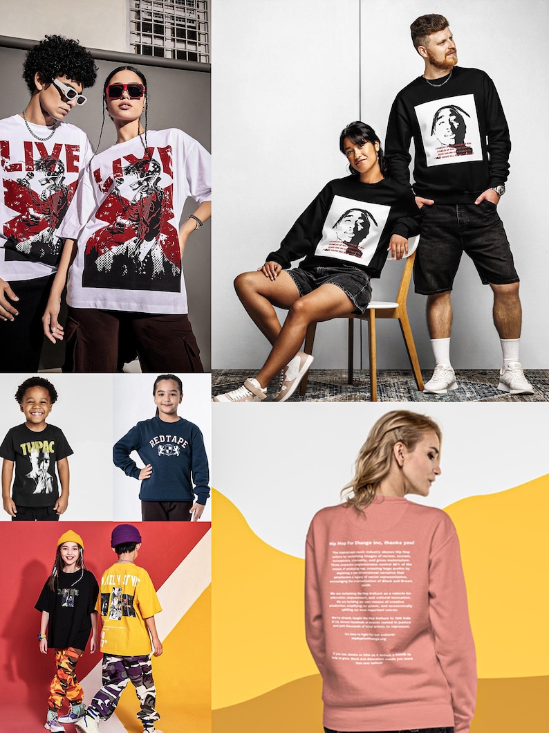 May include: Collection of graphic t-shirts and sweatshirts. The shirts feature various designs, including portraits and text. Colors include white, black, navy, and yellow. Some shirts have the text "LIVE" and "REDTAPE".