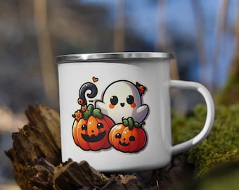 Halloween-themed coffee cup, Spooky ghost pumpkin design, Cute ghost and pumpkin mug, Halloween enamel campfire mug