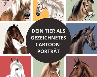 Cartoon Porträt Haustier, Haustierzeichnung, Personalisierte Tierillustration, Haustier, Pferd Zeichnung, Geschenk für Tierliebhaber