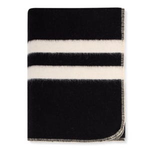 Peut inclure: Jeté de canapé rayé noir et blanc avec une texture duveteuse. La couverture a une bordure blanche.