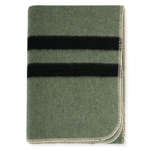 May include: A green wool blanket with two black stripes. The blanket has a white stitched border.