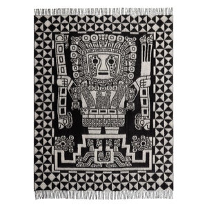 May include: Black and white woven tapestry with a geometric pattern and a stylized figure in the center. The figure has a large head with a face and a body with arms and legs.