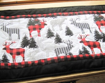 Quilted Table Runner deer in trees  winter plaid 14 1/2 in.  X 44 in.