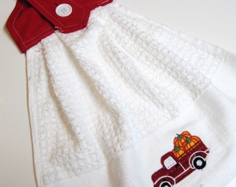 Hanging kitchen towel pumpkins  in red truck  button top  cotton  towel