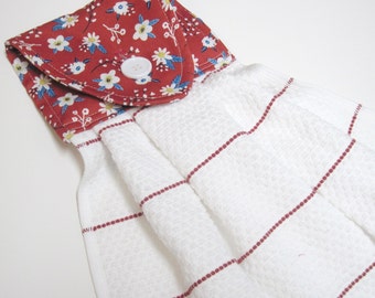 Hanging kitchen towel  button top hand towel daisies on red white towel