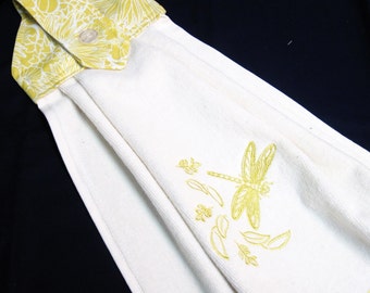 Hanging kitchen towel  button top embroidered  gold dragonflies plush cotton towel