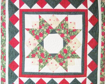 Quilted Wall Hanging  square table topper  star roses