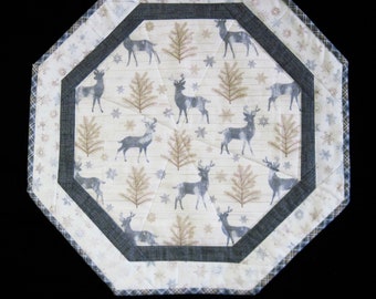 Quilted table topper centerpiece octagon candle mat  table runner deer in trees 20 inches