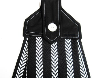 Hanging kitchen towel  button top black  and off white herringbone stripes modern contemporary