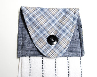 Hanging kitchen towel   button top  gray plaid country farmhouse white with stripes cotton towel